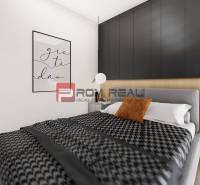 Bedroom in a 2-room apartment with a comfortable bed and a decorative wall.