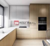 A kitchen in a 2-room apartment with built-in appliances, minimalist design, and a large window.