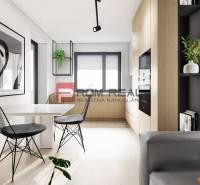 Dining area, 2-room apartment; black and white decoration, plant, modern furniture, light wood.