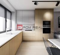 Kitchen in a 2-room apartment with a large window, wooden cabinets, and built-in appliances.