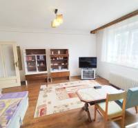 Living room in a family house with older furniture, a television, and a large window.