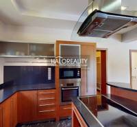 A modern kitchen with wooden elements and a large window in a family house.