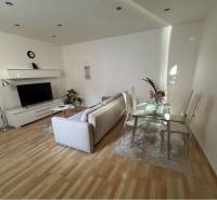 Living room in a two-room apartment with a sofa, television, and dining table.