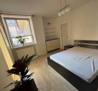 A bedroom with a double bed, houseplants, and a dresser in a two-room apartment.