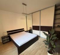 Bedroom with a built-in wardrobe, bed, and nightstands in a two-room apartment.