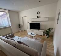Living room with a sofa and a television, light walls and wooden floor, 2-room apartment.