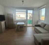 Living room in a three-room apartment with a sofa, table, and television.