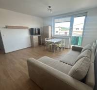 Living room in a 3-room apartment with a sofa, television, and dining table.