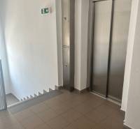 Staircase and elevator in a 3-room apartment, clean spaces with tiles.