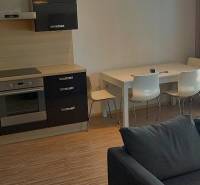 Kitchen and living room in a 2-room apartment with a modern kitchen unit and dining table.