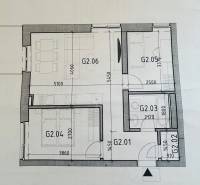 Floor plan of a 3-room apartment with a kitchen, living room, and two bedrooms.