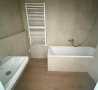 A bathroom with a bathtub and a ladder radiator in a 3-room apartment, dark floor.