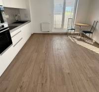 A kitchen in a 3-room apartment with wooden flooring, a dining table, and French windows.