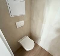 A toilet with concealed flushing in a 3-room apartment, surrounded by light tiles and wooden flooring.