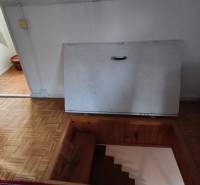 Stairs leading to a basement in an interior with a wooden floor, ideal for a cabin.