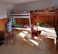 Bunk beds, wood-burning stove, and furniture in the room in a family house.