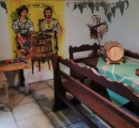Illustration of a wine cellar with wooden furniture, table, bench, barrel in a family house.