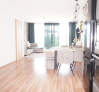Living room in a family house with a dining table and a kitchen unit.