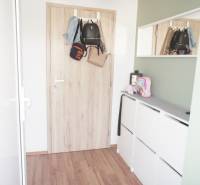 A hallway in a family house with wooden doors and white furniture.