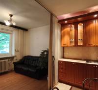Offices with a wooden kitchen unit, a comfortable couch, and a window with a view of greenery.