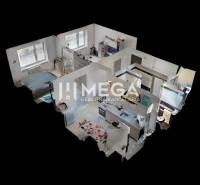 3D visualization of a 2-room apartment with a kitchen, living room, and bathroom.