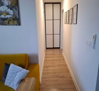 A narrow hallway in a 2-room apartment with a wooden-patterned floor and a yellow sofa.