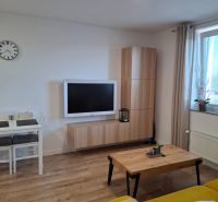 Living room with wood-patterned flooring, yellow sofa, and wall-mounted television in a two-room apartment.