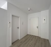 A hallway with white walls and a wooden decor floor in a studio apartment.