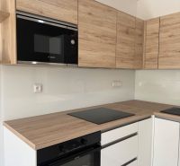 A kitchen in a studio apartment with wooden decor and built-in appliances.