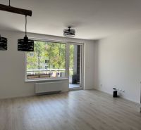 Living room in a studio apartment with wood-patterned flooring and hanging lamps.