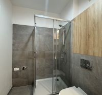Bathroom with a modern shower cabin and gray ceramic tiles in a studio apartment.