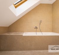 An attic bathroom with a bathtub and a skylight in a family house.