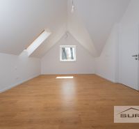 Attic room with wood-patterned flooring in a family house.