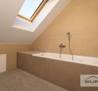 A bathroom in a family house with a bathtub and a skylight.