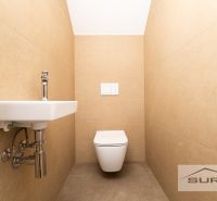 A bathroom with beige walls in a family house with a toilet and a sink.