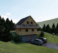 A wooden cabin with a sloped roof in the mountainous region of Kremnické Bane, suitable for living.