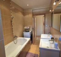 A bathroom in a family house with a bathtub, two sinks, and a washing machine, surrounded by brown tiles.