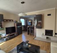 Living room in a family house with a wooden decor floor, fireplace, and comfortable seating.