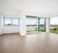A bright room with a glass wall and a wooden decor floor in a four-room apartment.