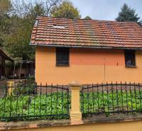 A family house in the village of Kolárovice on Škoruby with an orange facade and a vegetable garden.