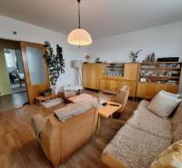 Living room with a comfortable sofa and wooden decor flooring in a 3-room apartment.