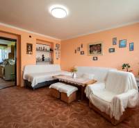Living room in a three-room apartment with a sofa, carpet, and wall decorations.