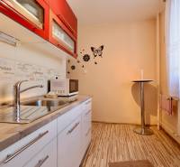 A kitchen in a studio apartment with red cabinets and a wood-patterned floor.