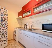 A kitchen with a white refrigerator, microwave, and red cabinets in a studio apartment.