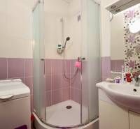 A bathroom in a studio apartment with a corner shower and a washing machine.