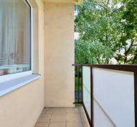 The balcony of a 1-room apartment on J. Hollého Street in Michalovce with a view of the trees.