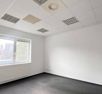 Office interior with white walls, a window, and carpeted flooring.