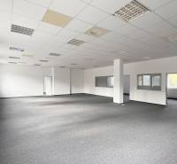 Spacious offices with large windows and industrial-style flooring.