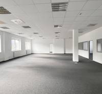 Offices with large windows, white walls, and partition walls.