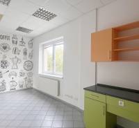 Offices with cartoon motifs on the wall, a green desk, and an orange cabinet.